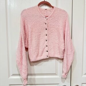 Free People Pink Fuzzy Button-Up Cardigan